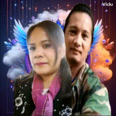 a man and a woman are standing next to each other with a cloud in the background