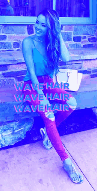 a woman is sitting on a bench with the words wave hair wave hair wave hair behind her