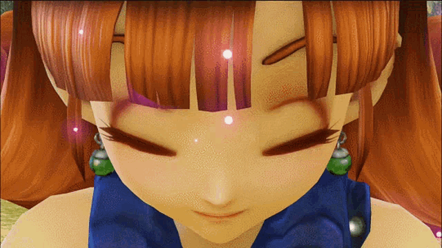 a close up of a girl 's face with red hair and a blue shirt