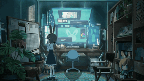a girl stands in front of a computer with a bunny on the screen