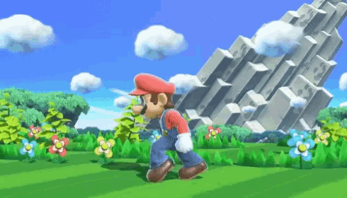 a video game character named mario is walking in a grassy field
