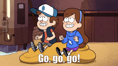 a cartoon of a boy and a girl with the words go go go written on them