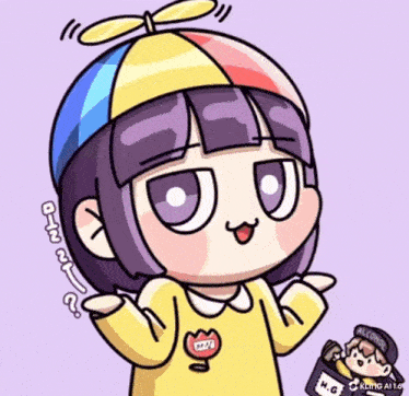 a cartoon drawing of a girl wearing a yellow shirt and a rainbow hat