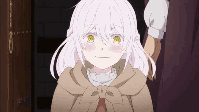 a girl with white hair and yellow eyes looks at the camera