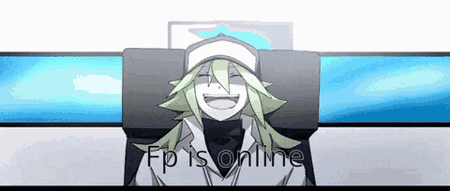 a cartoon character is sitting in front of a monitor with the words fp is online written below him