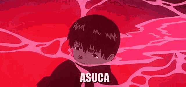 a cartoon of a boy with a red background and the word asuca above him .