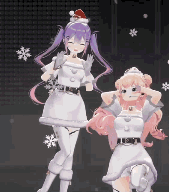 a couple of anime girls standing next to each other one wearing a santa hat