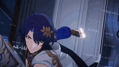a person with a flower in their hair is standing in front of a wall with math equations written on it