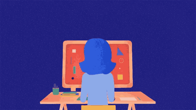 a woman in a blue hat is looking at a computer screen