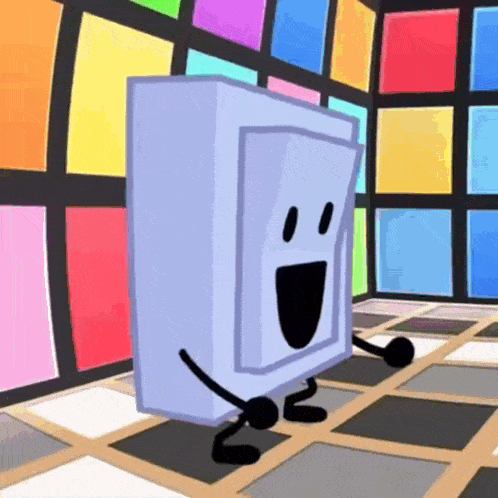 a cartoon character is standing on a tiled floor in front of a wall of colorful squares .