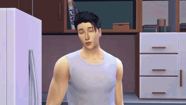 a man in a white tank top is standing in front of a refrigerator in a kitchen
