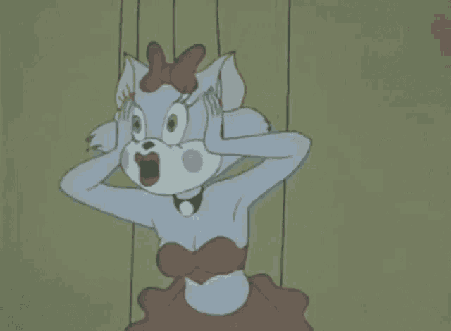 a cartoon cat in a pink dress is covering her ears .