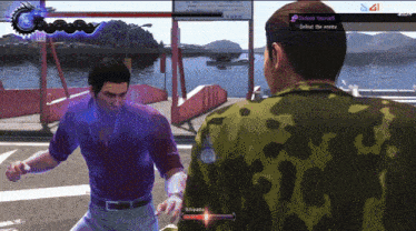 a video game screen shows a man in a military uniform fighting another man