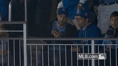 a mlb.com logo is displayed on a fence with people watching a baseball game
