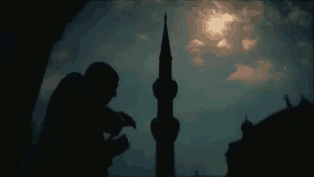 a silhouette of a man taking a picture of a tower at night .