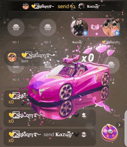 a screenshot of a chat with a pink car and the words send to