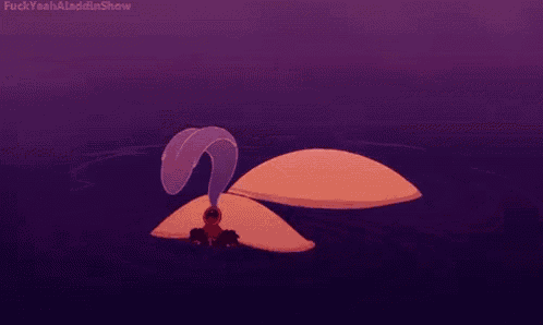 a cartoon character from aladdin is laying down in the water with a purple background .