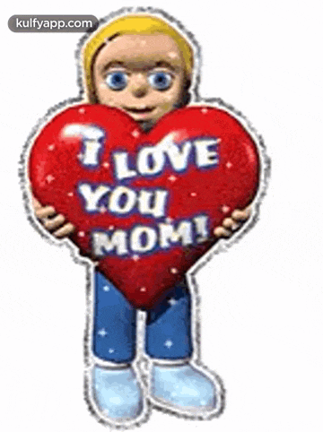 a cartoon boy is holding a large red heart that says `` i love you mom '' .