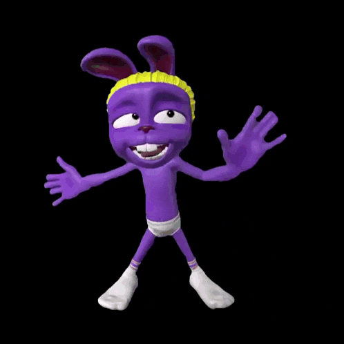 a purple cartoon rabbit with a yellow headband is surrounded by neon lights and a txfam logo