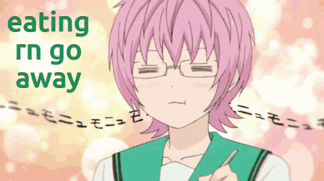 a picture of a girl with pink hair and the words " eating rn go away "