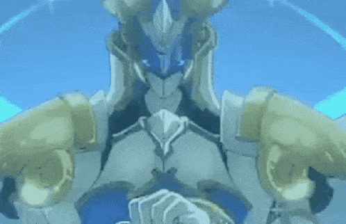 a cartoon character with a sword in his hand and a blue light coming out of his eyes