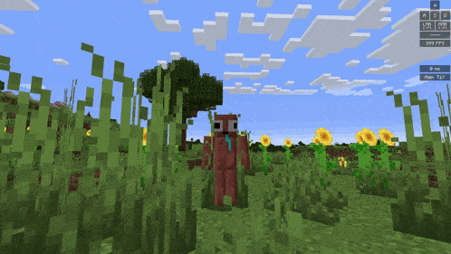 a screenshot of a minecraft game shows a squirrel in a field of sunflowers