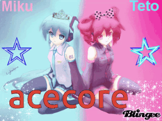 miku and teto are sitting next to each other with the word acecore in red