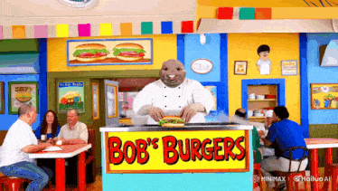 a bob 's burgers restaurant with a chef holding a sandwich