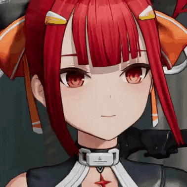 a close up of a red haired anime girl with red eyes and a collar .