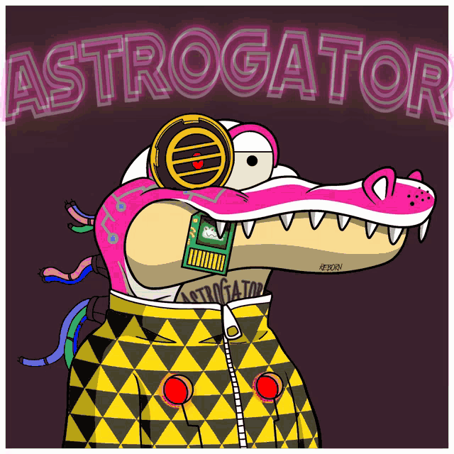 a cartoon alligator wearing headphones and a jacket with the word astrogator behind him