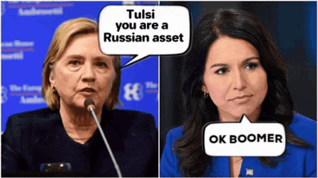 a picture of hillary clinton and a picture of a woman with a speech bubble that says ok boomer