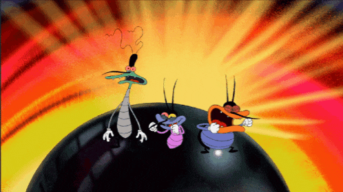 a group of cartoon characters are standing in front of a ball
