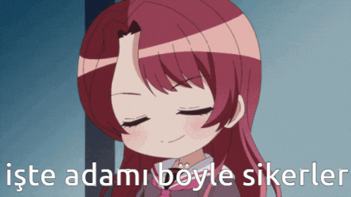 a girl with red hair is smiling with the words iste adami boyle sikerler behind her