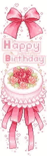 a pixel art of a happy birthday card with a cake and a pink bow .