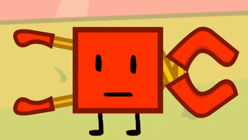 a cartoon drawing of a red square with arms and legs and a face