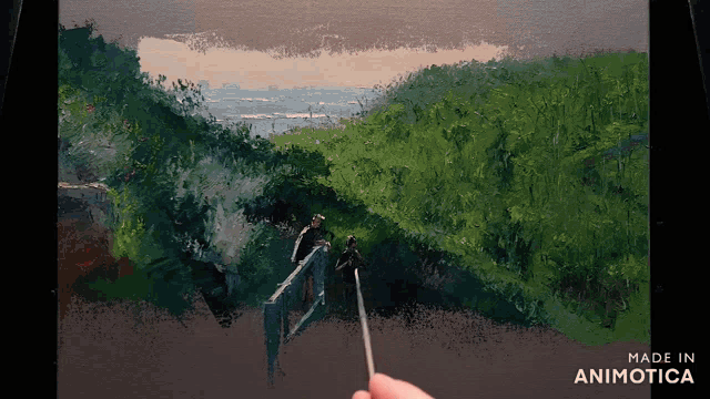 a painting of a man walking down stairs is made in animotica