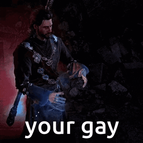 a man in a red robe is holding a sword and says your gay on the bottom