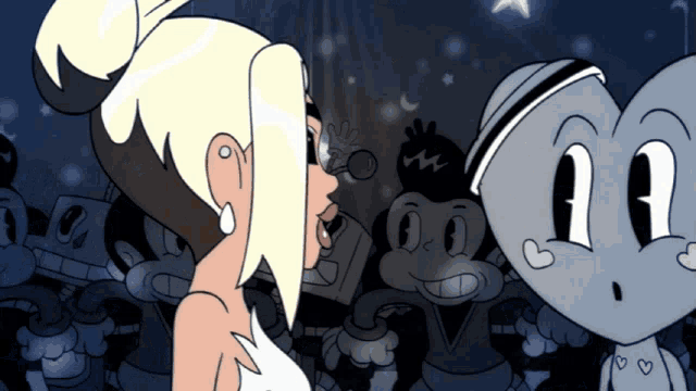a cartoon of a woman kissing a cartoon character with a heart shaped face