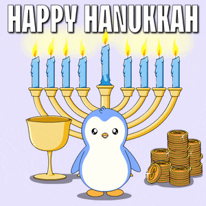 a happy hanukkah greeting card with a penguin standing in front of a menorah and gold coins