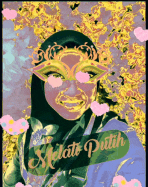 a painting of a woman wearing a mask with the words melati putih on the bottom