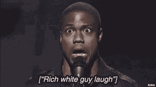 a man is singing into a microphone with the words " rich white guy laugh " below him
