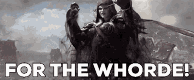 a video game character is holding a sword and says `` for the whore '' .