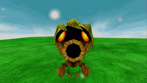 a cartoon character is sitting in a grassy field with a blue sky behind him