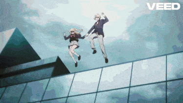 a man and a girl are jumping off a building with the word veed visible in the corner