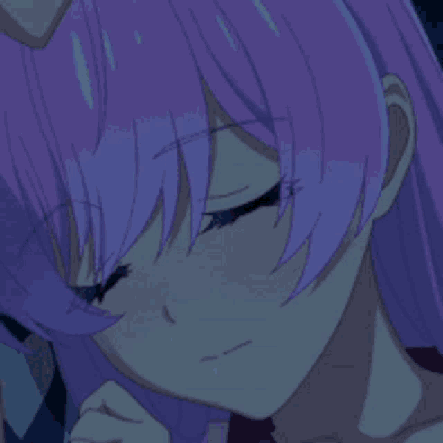a close up of a girl with purple hair sleeping