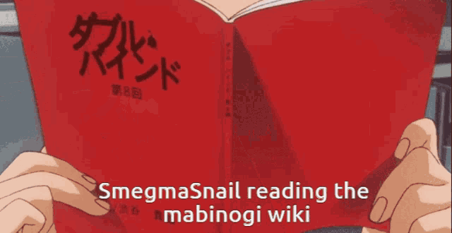 a person is reading a red book with the words smegmasnail reading the mabinogi wiki below them