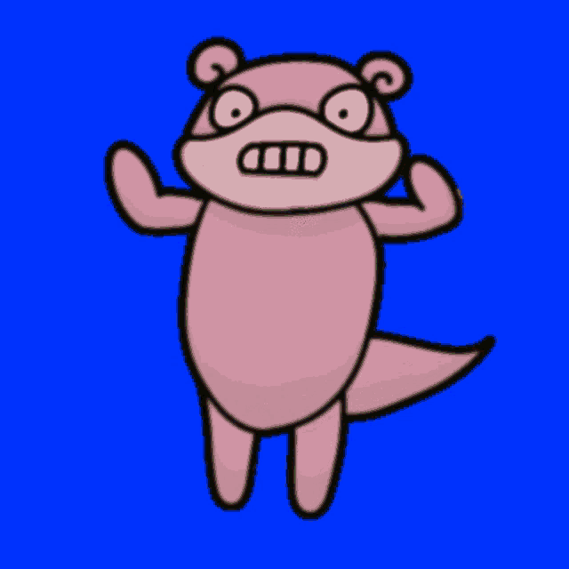 a cartoon drawing of a pink opossum with a big mouth