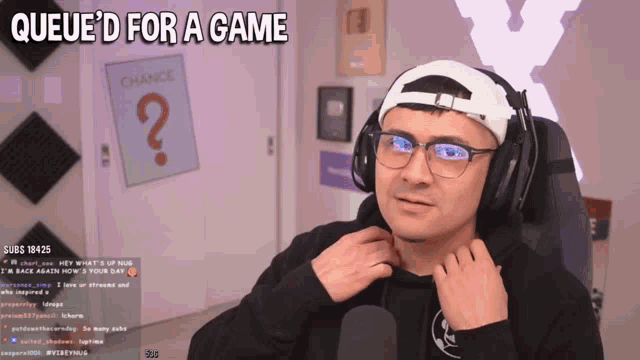 a man wearing headphones and a bandage on his head with the words queue 'd for a game written above him