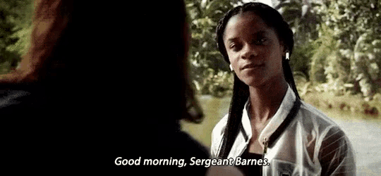 a woman is talking to another woman and saying `` good morning , sergeant barnes . ''