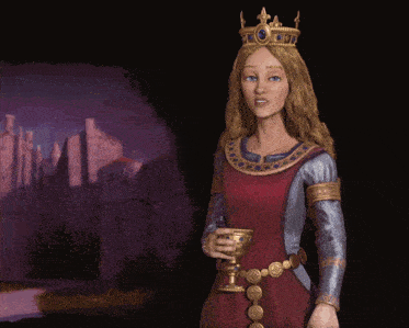 a woman with a crown on her head holds a cup